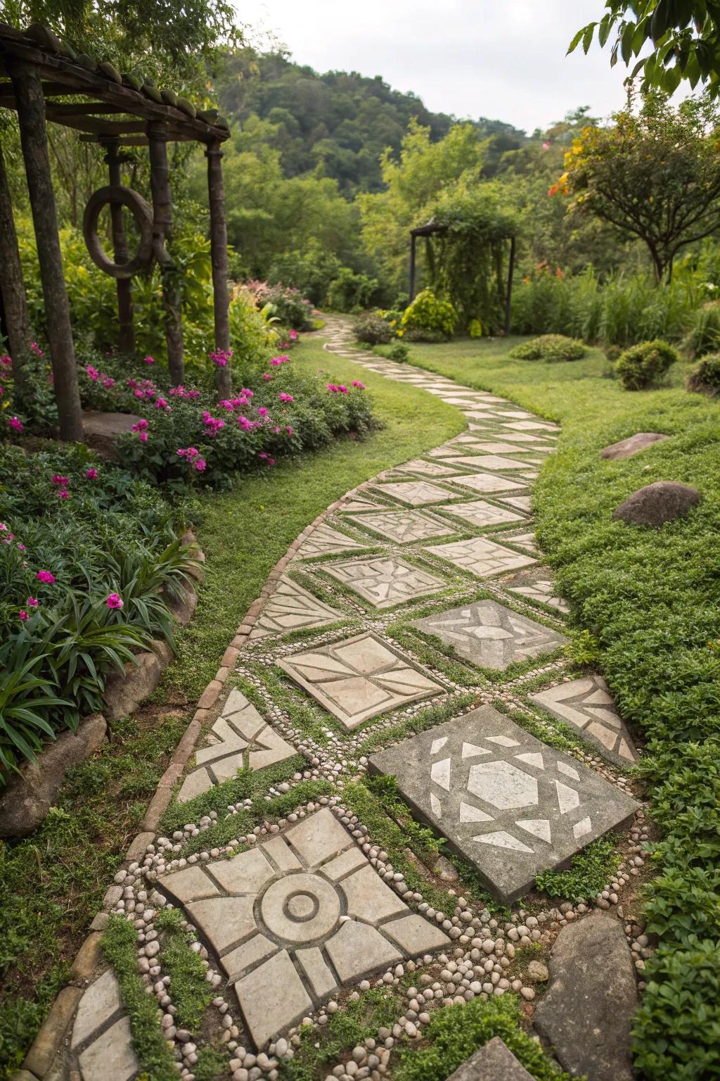 Patterned stone arrangements deliver playfulness and elegance to your path.