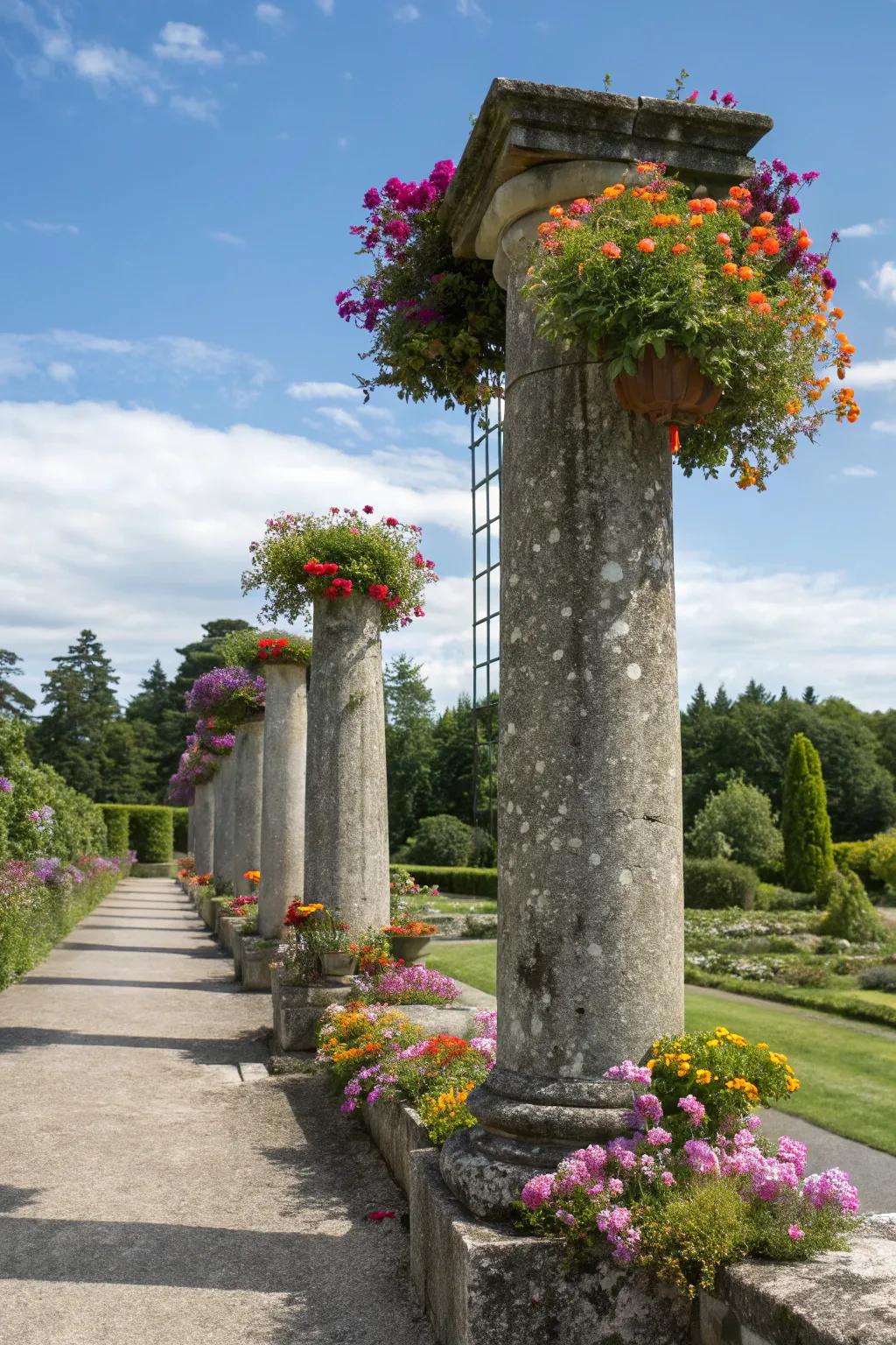 Introduce vitality to stone supports using vibrant floral flower beds.