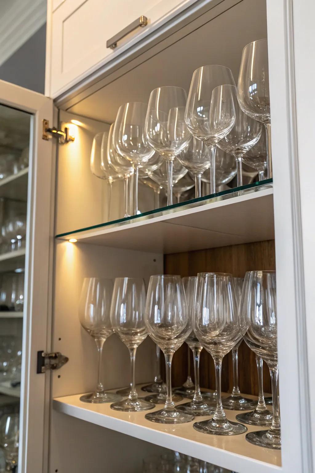 Nesting glasses is a clever means to optimize cabinet space.