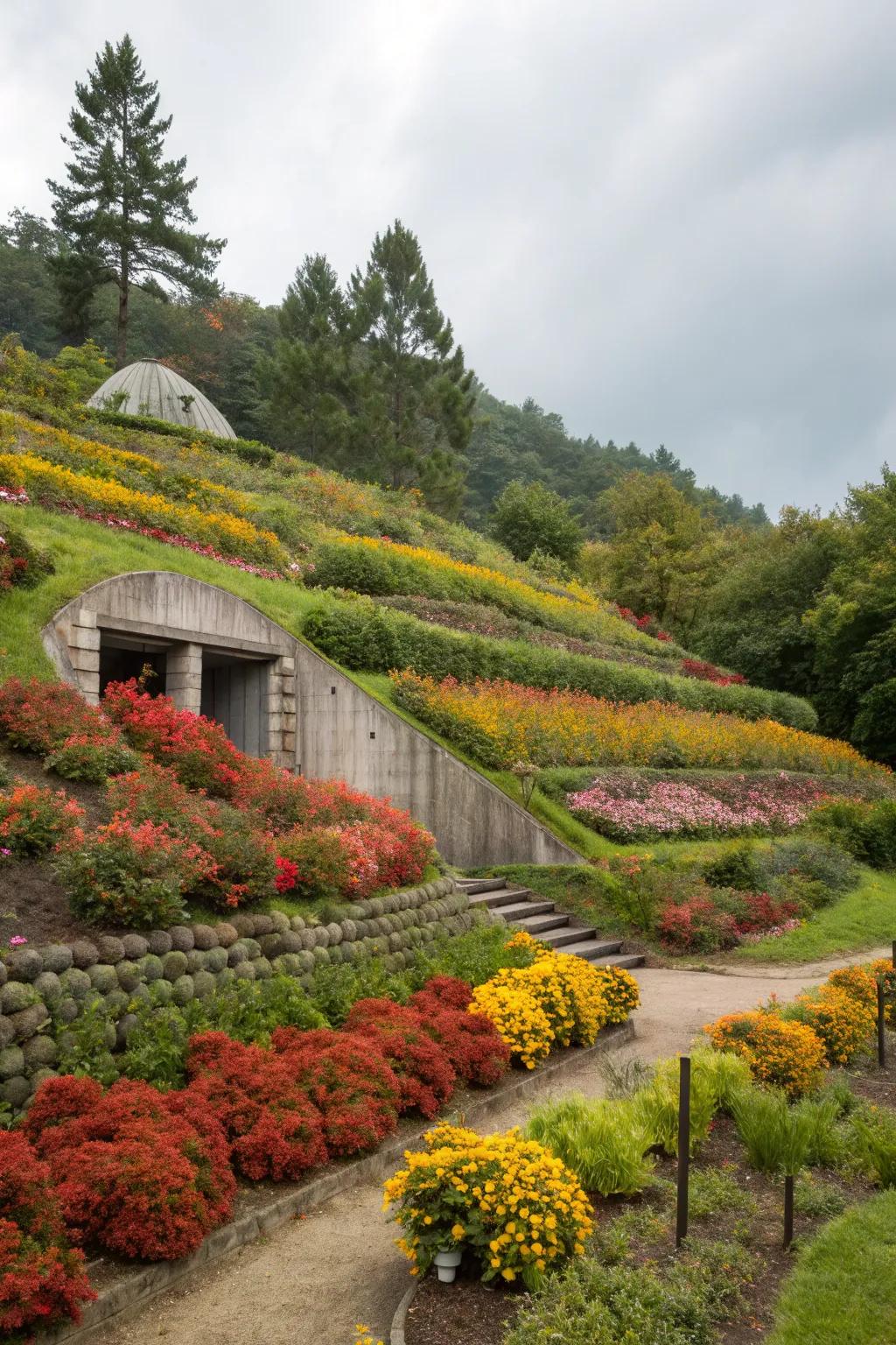 Stepped gardens beautifully utilize slopes surrounding safe rooms.