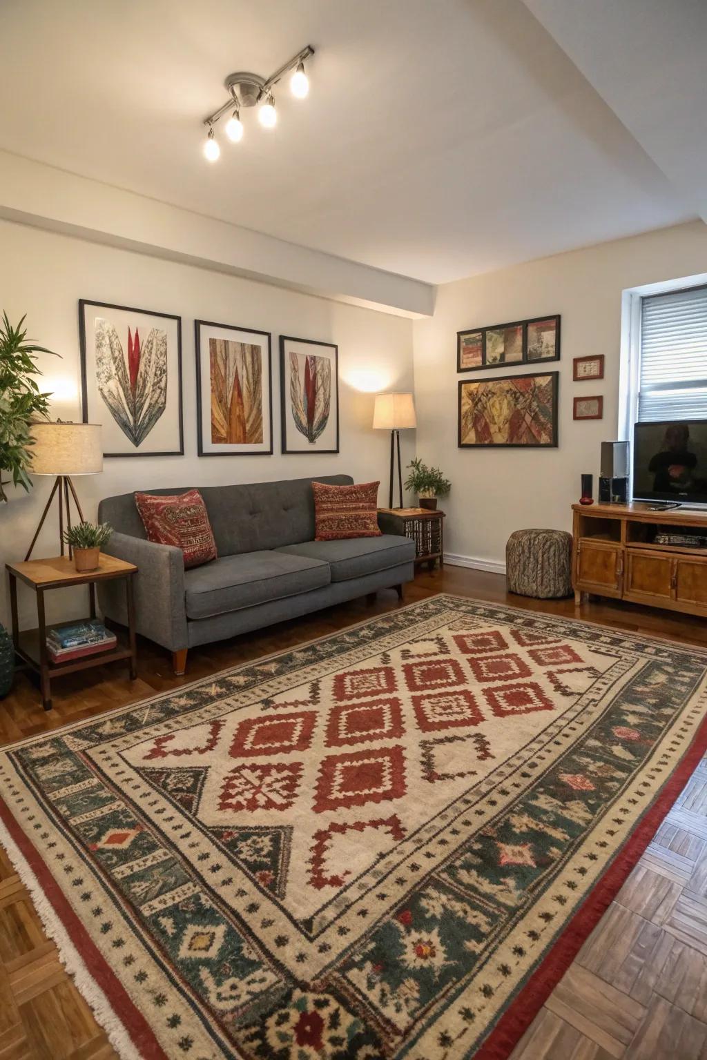 A floor covering characterizes spaces while incorporating texture and hue.