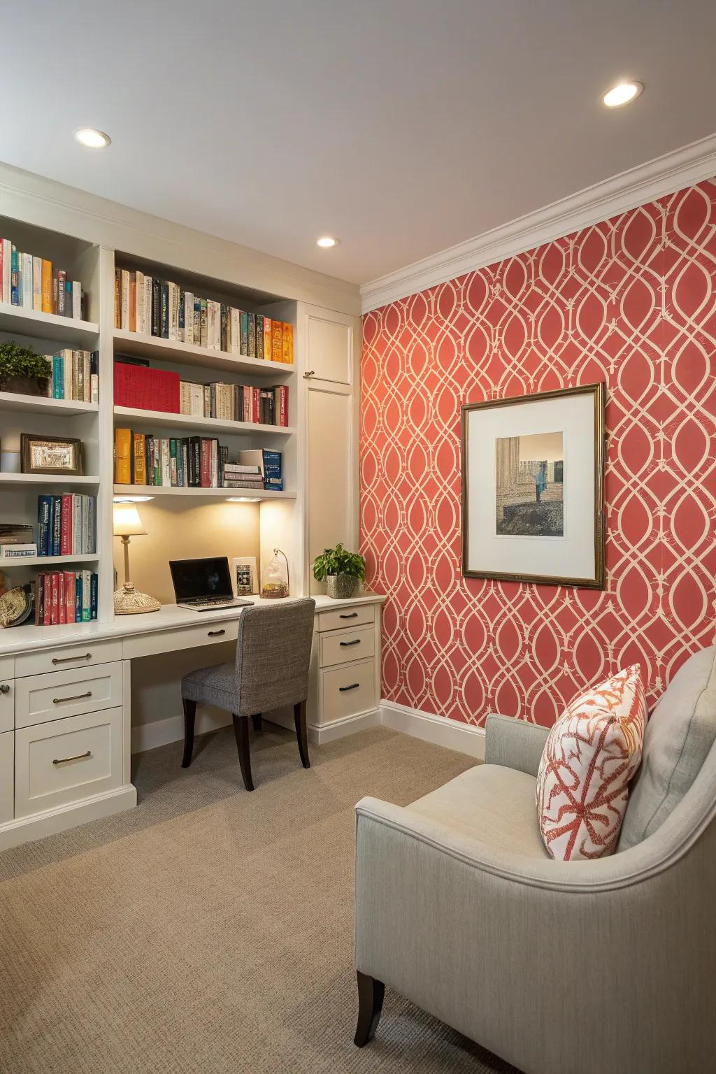 A feature wall adds a vibrant touch to the study area.