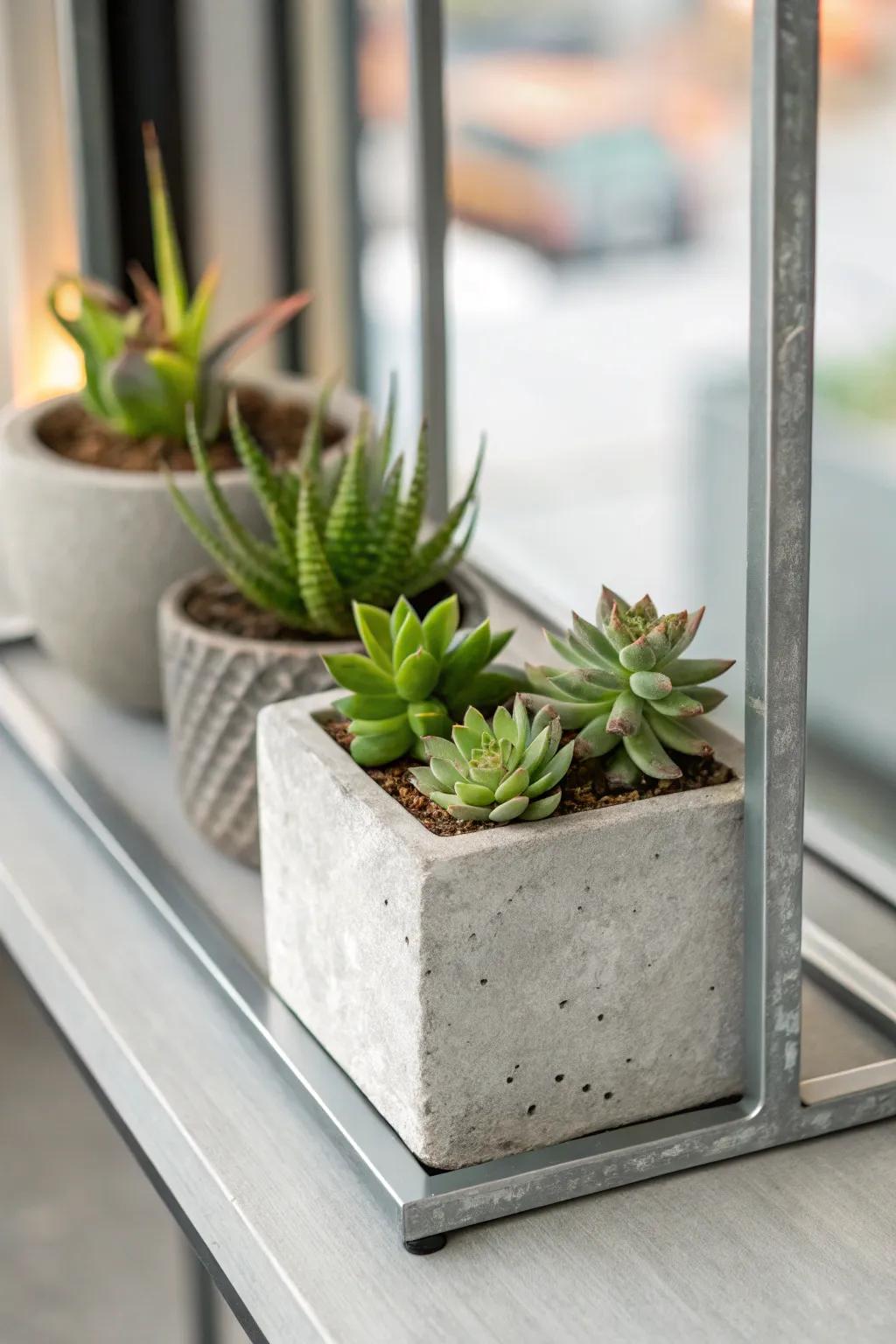 A streamlined cement-based planter with a modern succulent arrangement.