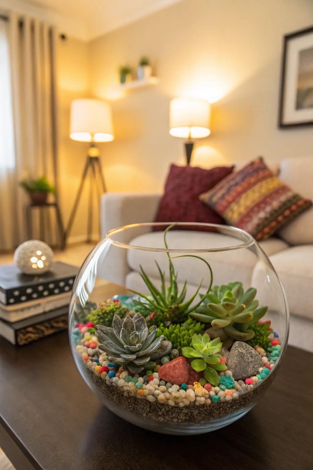 A stylish interior globe with succulents and ornamental granules.