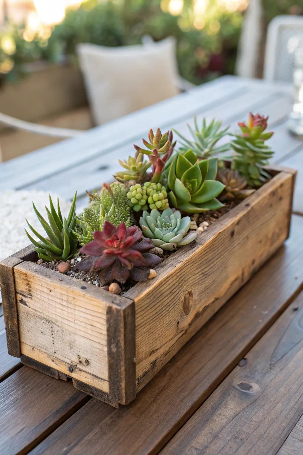 A wooden container display adds rustic elegance to your décor.
