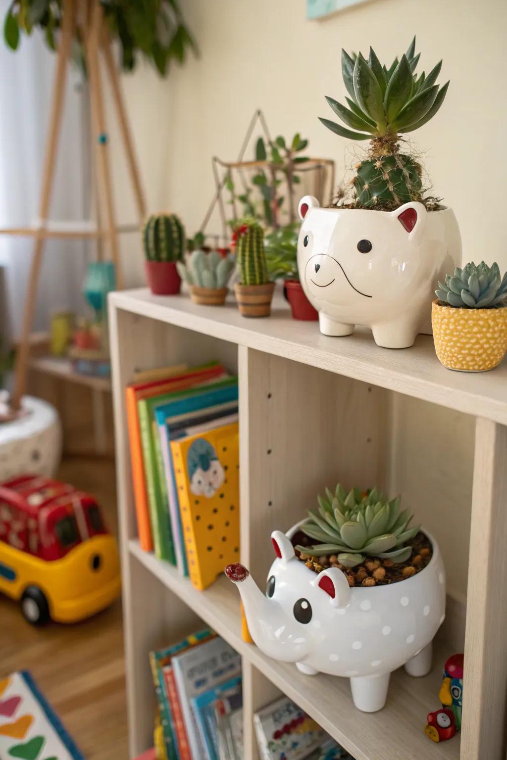 Whimsical ceramic faunal containers for a playful display.