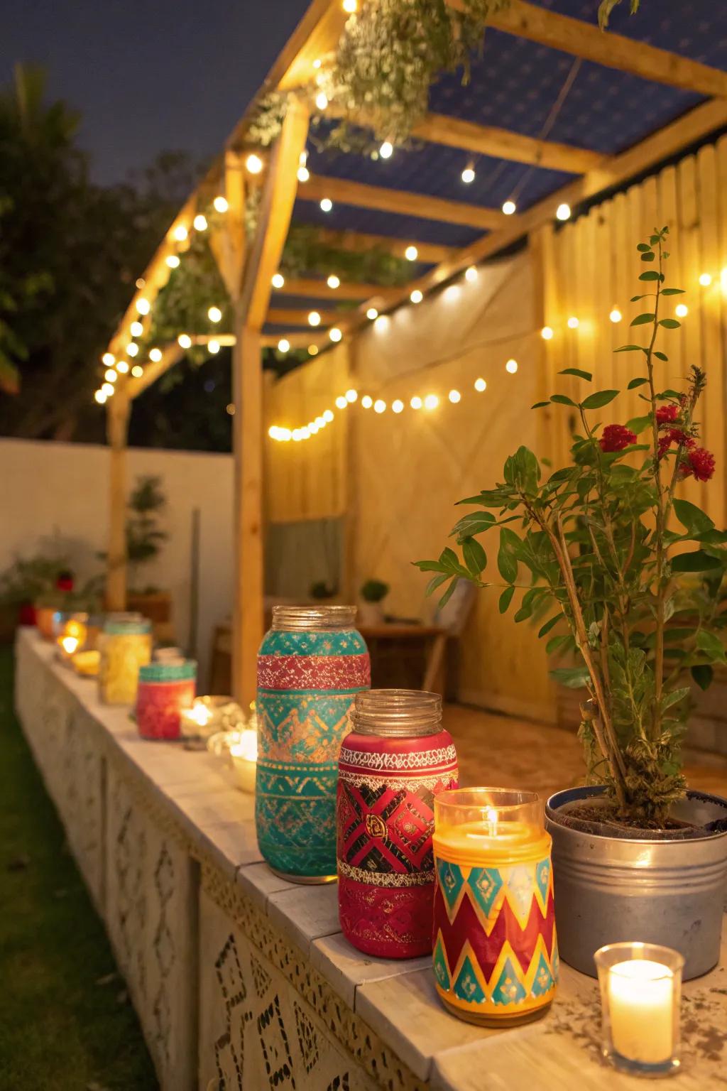 Charming do-it-yourself painted bottles utilized as candle stands inside a sukkah.