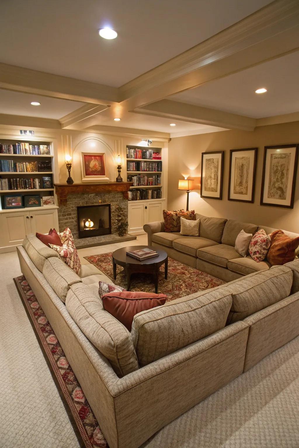 A sunken living room with U-shaped seating.