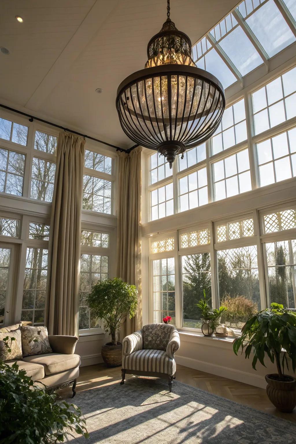 A statement light fitting lends personality to this sunroom.