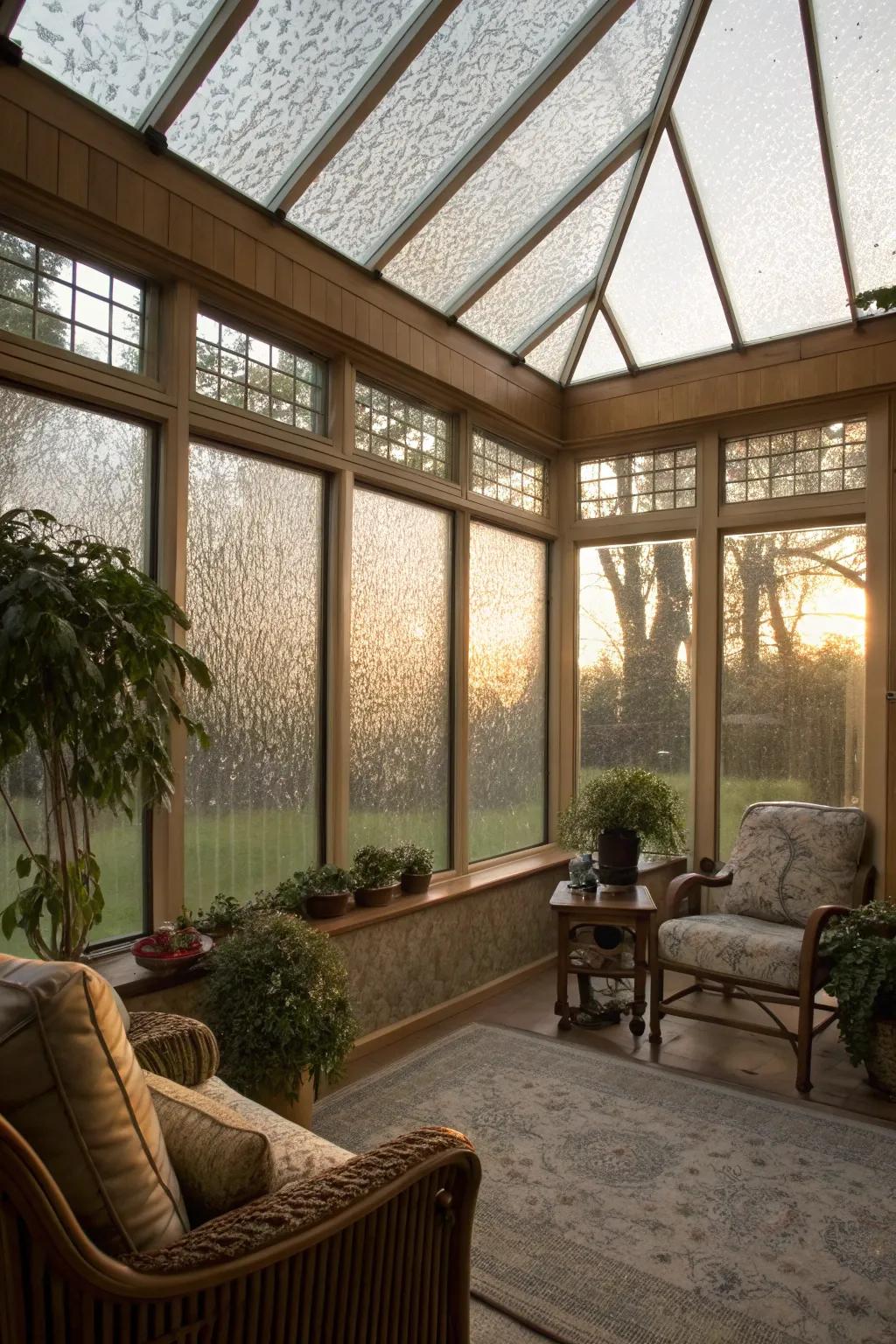 Patterned glass offers privacy while inviting soft light.