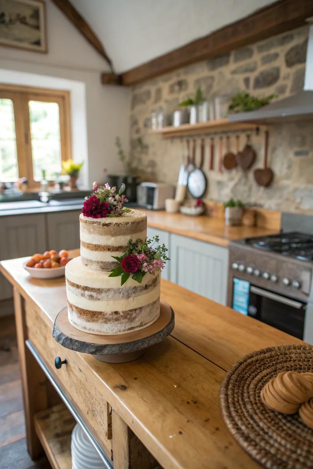 A homespun charm cake that injects warmth and simplicity into the occasion.