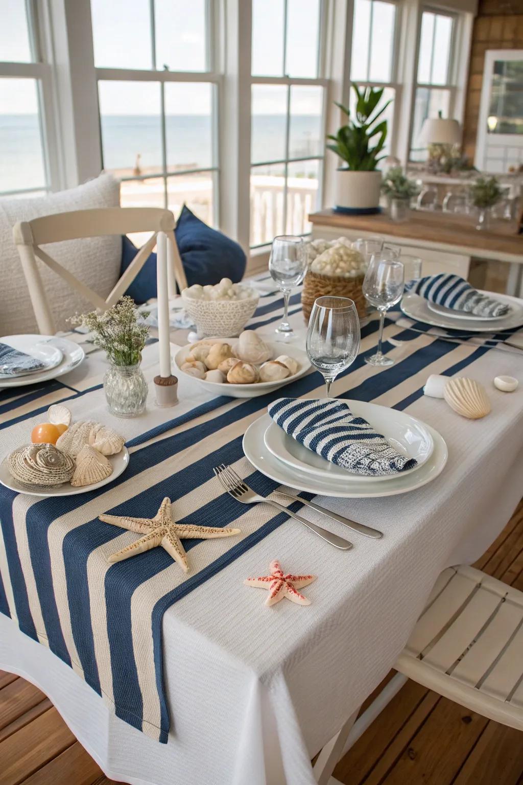 A mariner table arrangement showcasing shells and marine tinges.