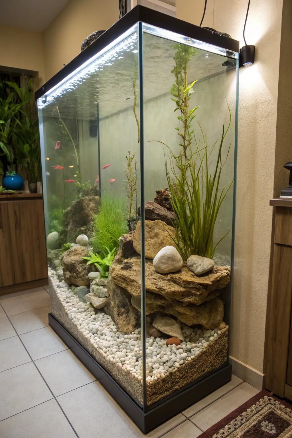 A naturalistic riverbed recreated within a towering aquarium.