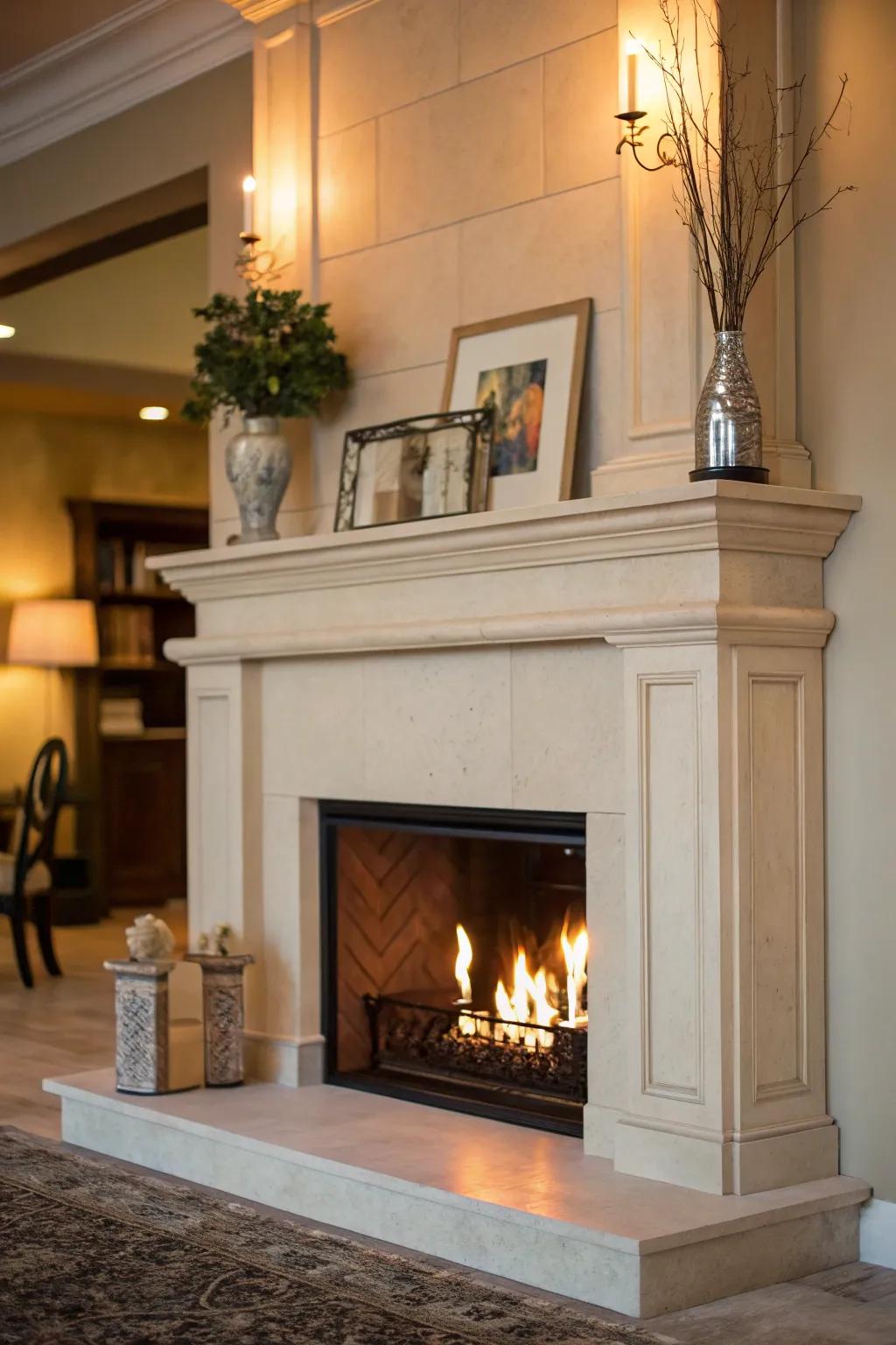 A high mantel with sparse décor, highlighting the fireplace as the focal point.