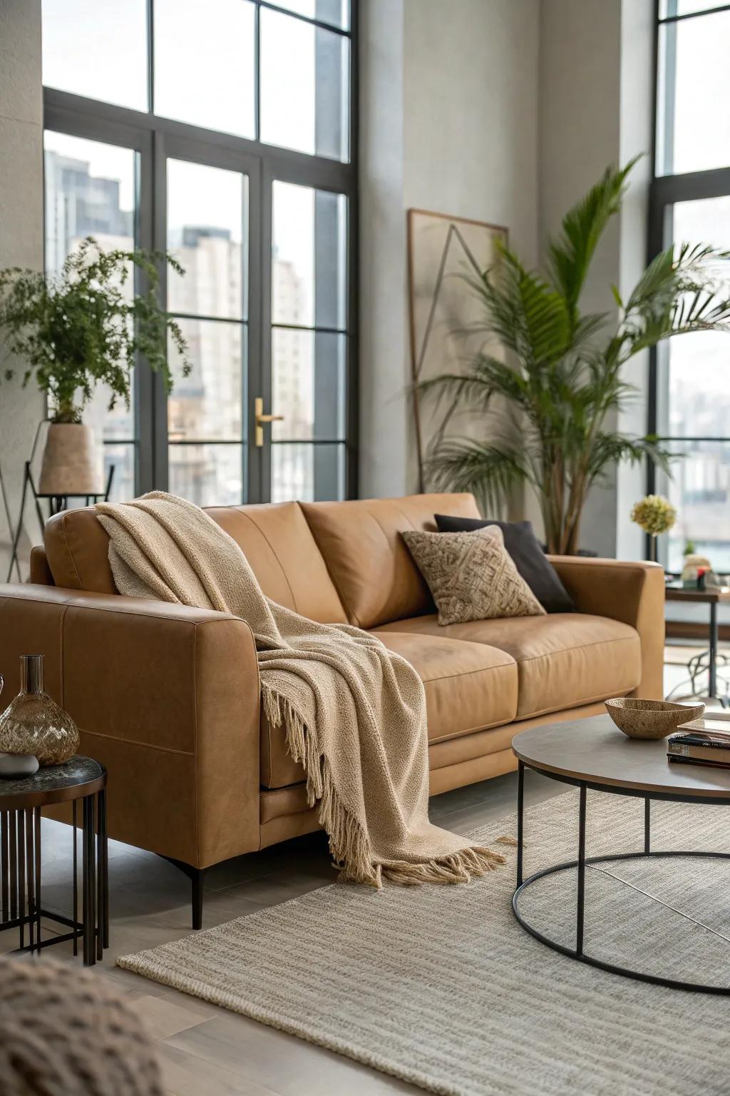 Modern and cozy details combine easily with a beige sofa.
