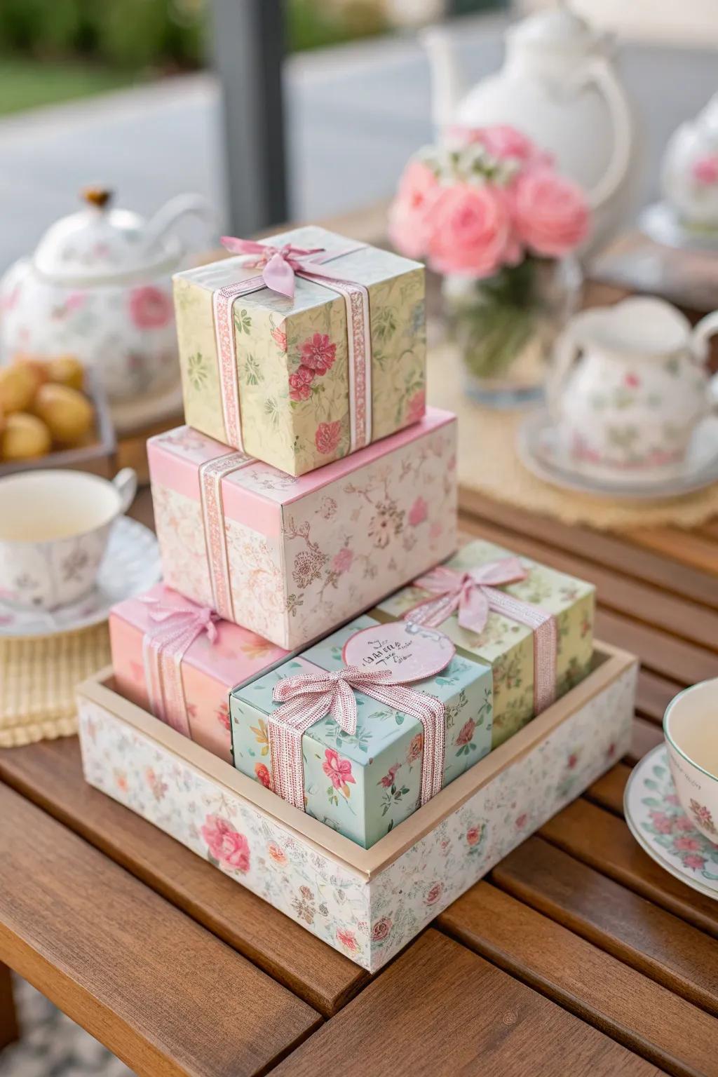 Floral presentation boxes reflect the splendor of a tea gathering.