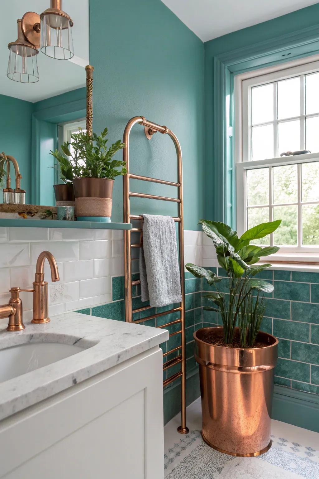 Realize a cozy harmony with cerulean and copper.