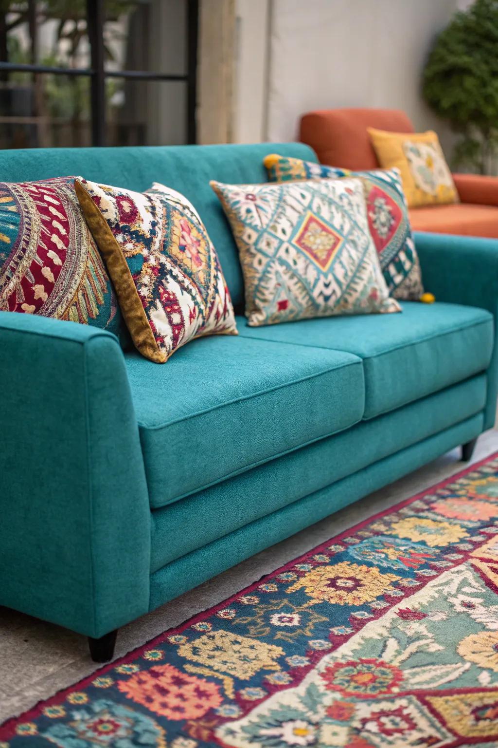 Designs infuse a playful accent to a cobalt settee assembly.