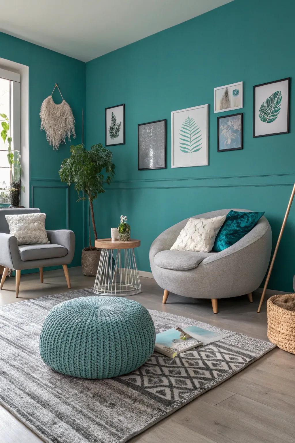 Sophisticated current room featuring turquoise and grey tones.