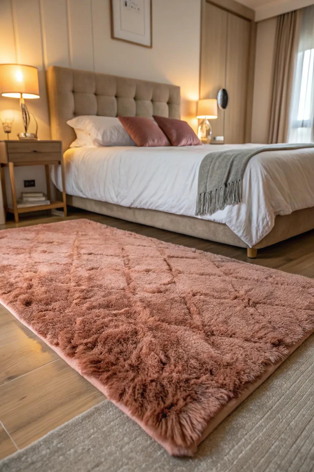 A rose gold rug ties in the room and adds warmth.