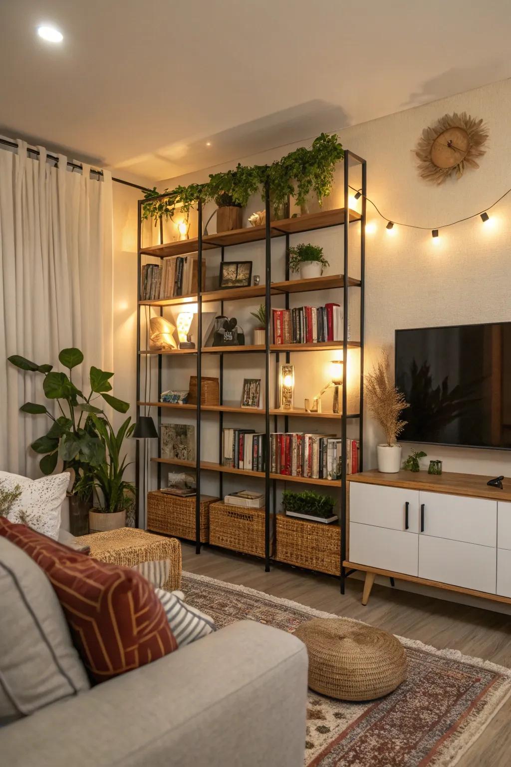 Practical shelves on a modular wall offer stylish storage solutions.