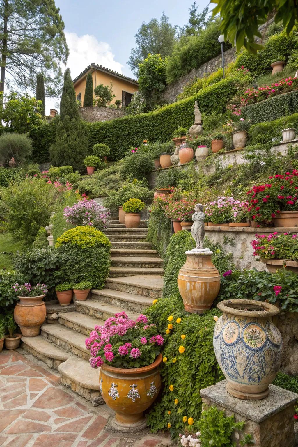 Decorative pieces in a layered garden, adding personality and charm.