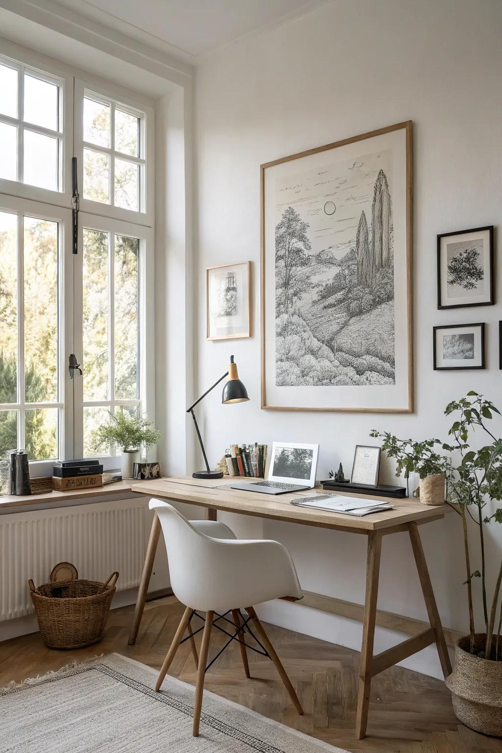 A marker and ink embossed drawing appends elegance and detail to this minimalist office.