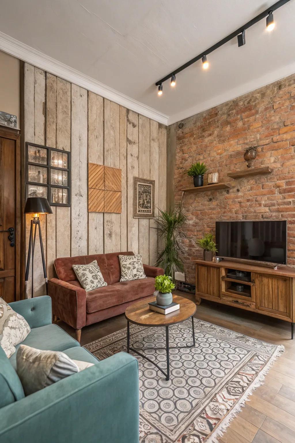 This living room displays an eclectic array of textured walls.