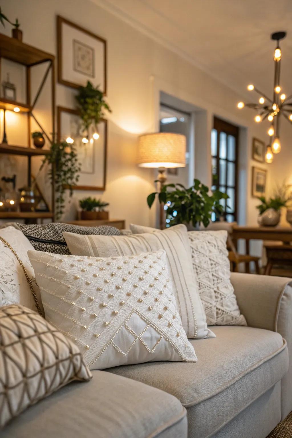 A chic and minimalist aesthetic using monochromatic white cushions.