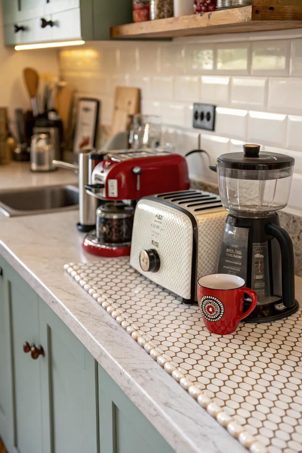 Dot tiles provide a retro charm to this kitchen area.