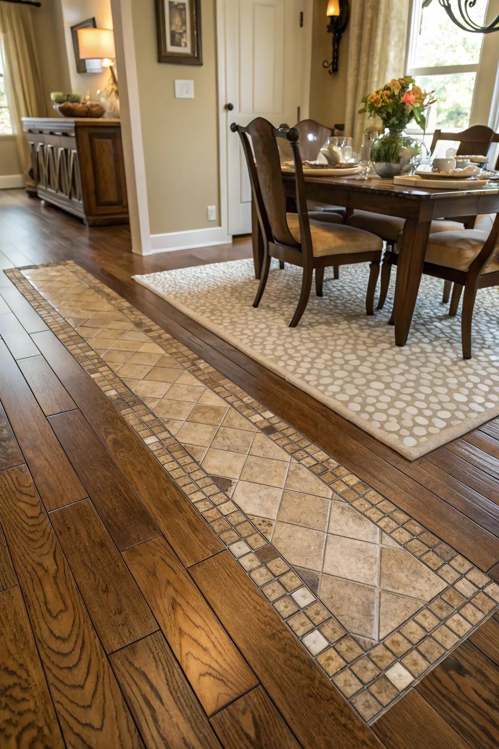 A tile rug effect transitions beautifully into wood flooring.