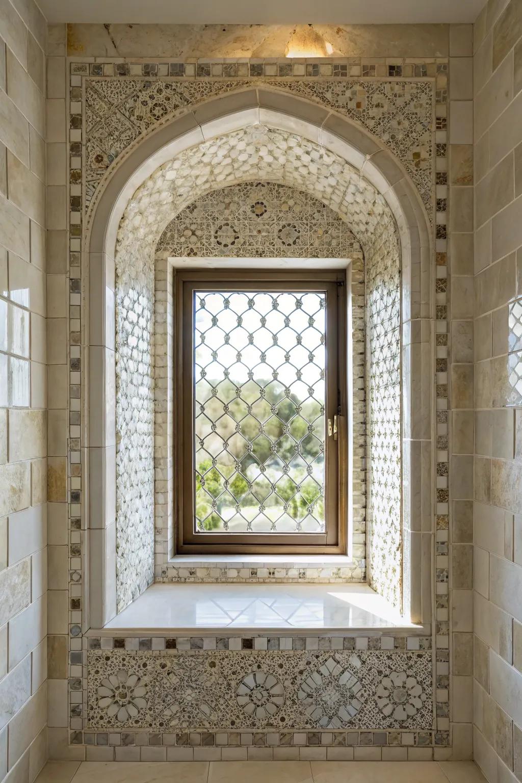 Fluid mosaic tiles deliver a sleek and cohesive aesthetic for this window recess.