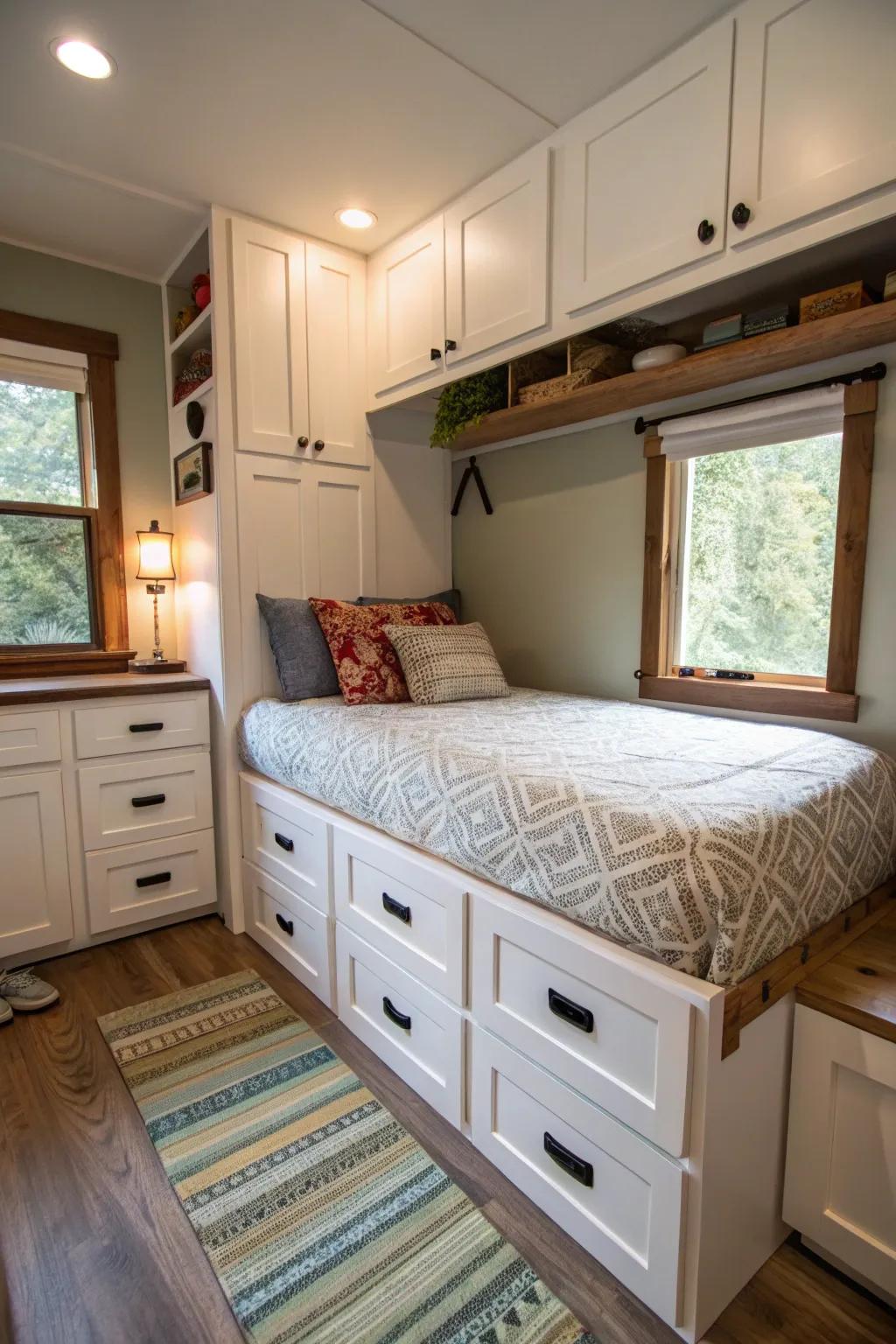 Concealed storage enables a tidy and organized presentation in tiny homes.