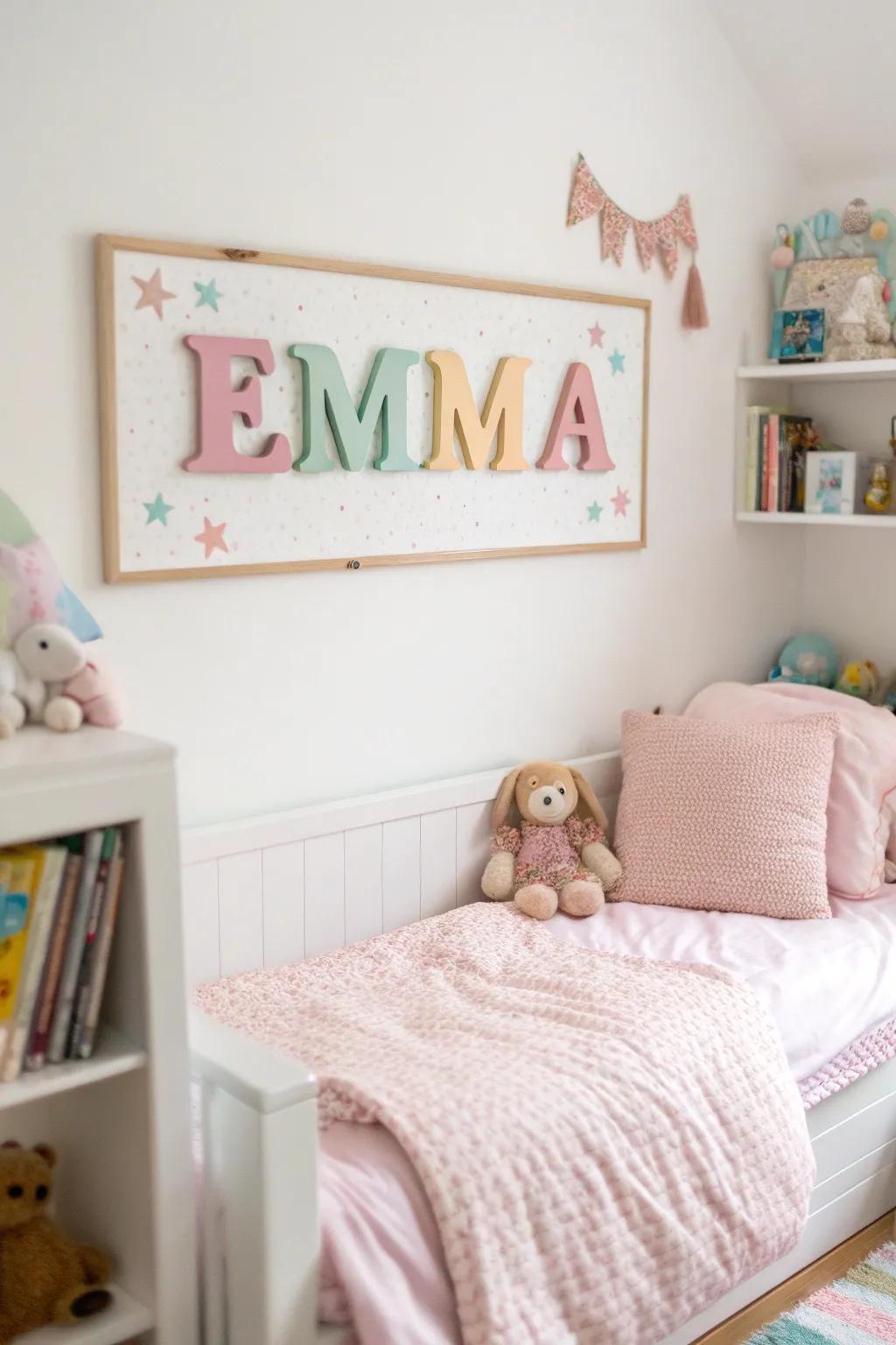 A name plaque adds a personal touch to your child’s area.