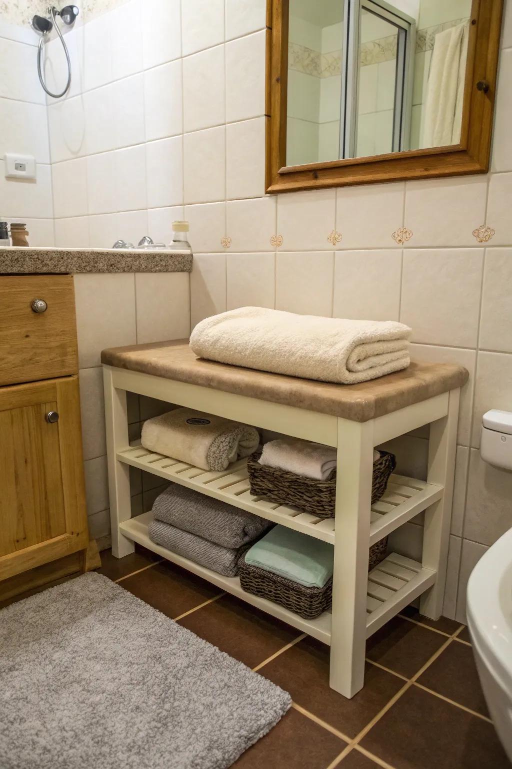 Compact furniture provides two-in-one storage options in small bathrooms.