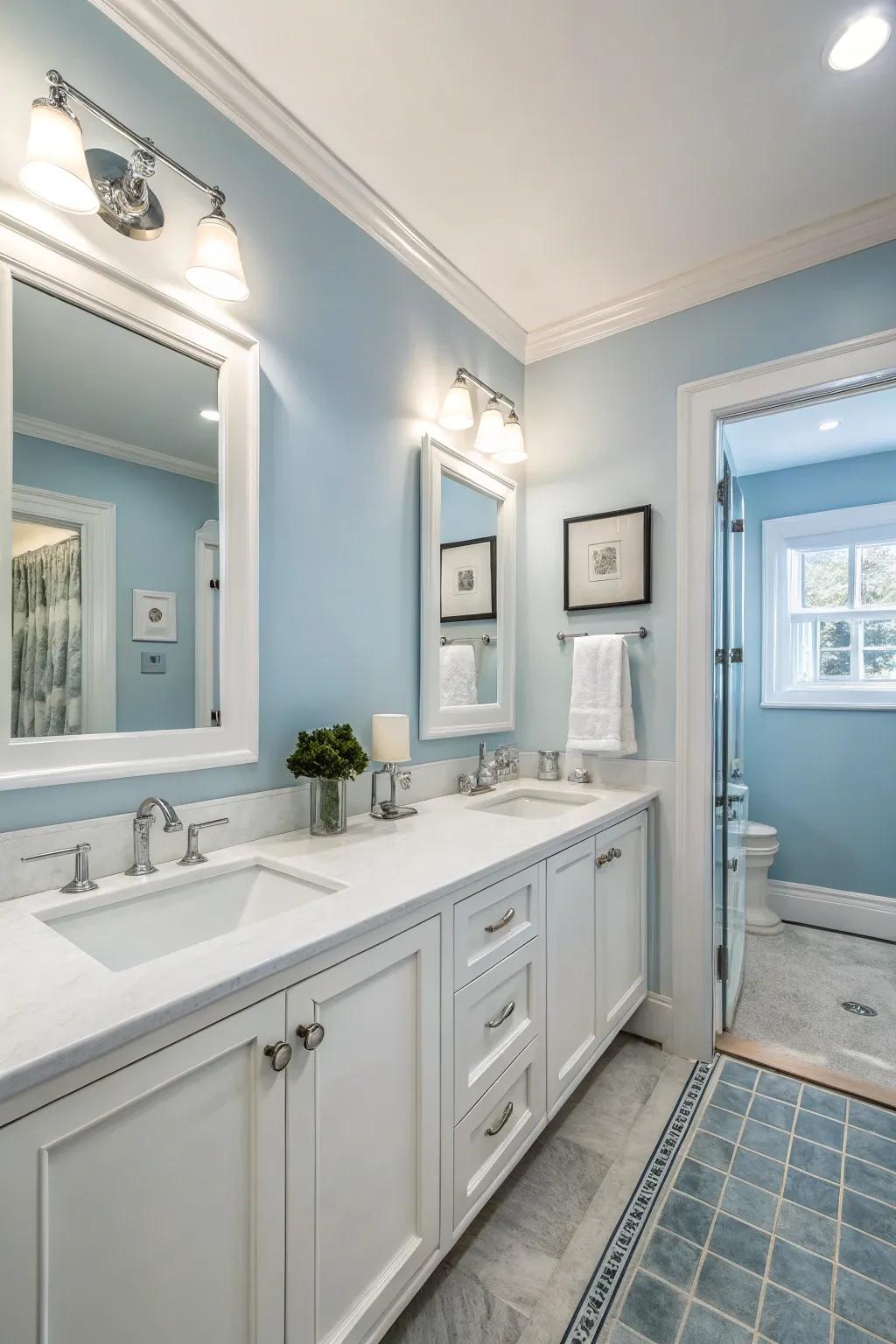 A bathroom featuring walls painted in a calming blue, radiating a serene vibe.
