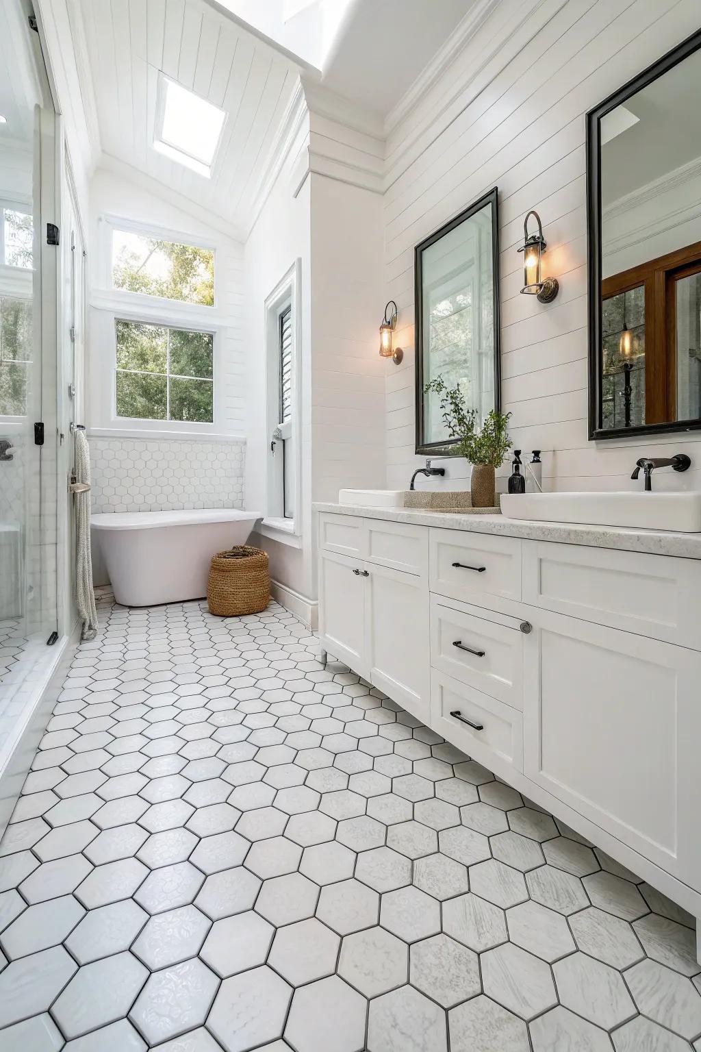 A white bathroom featuring hexagon tile flooring for added visual interest.