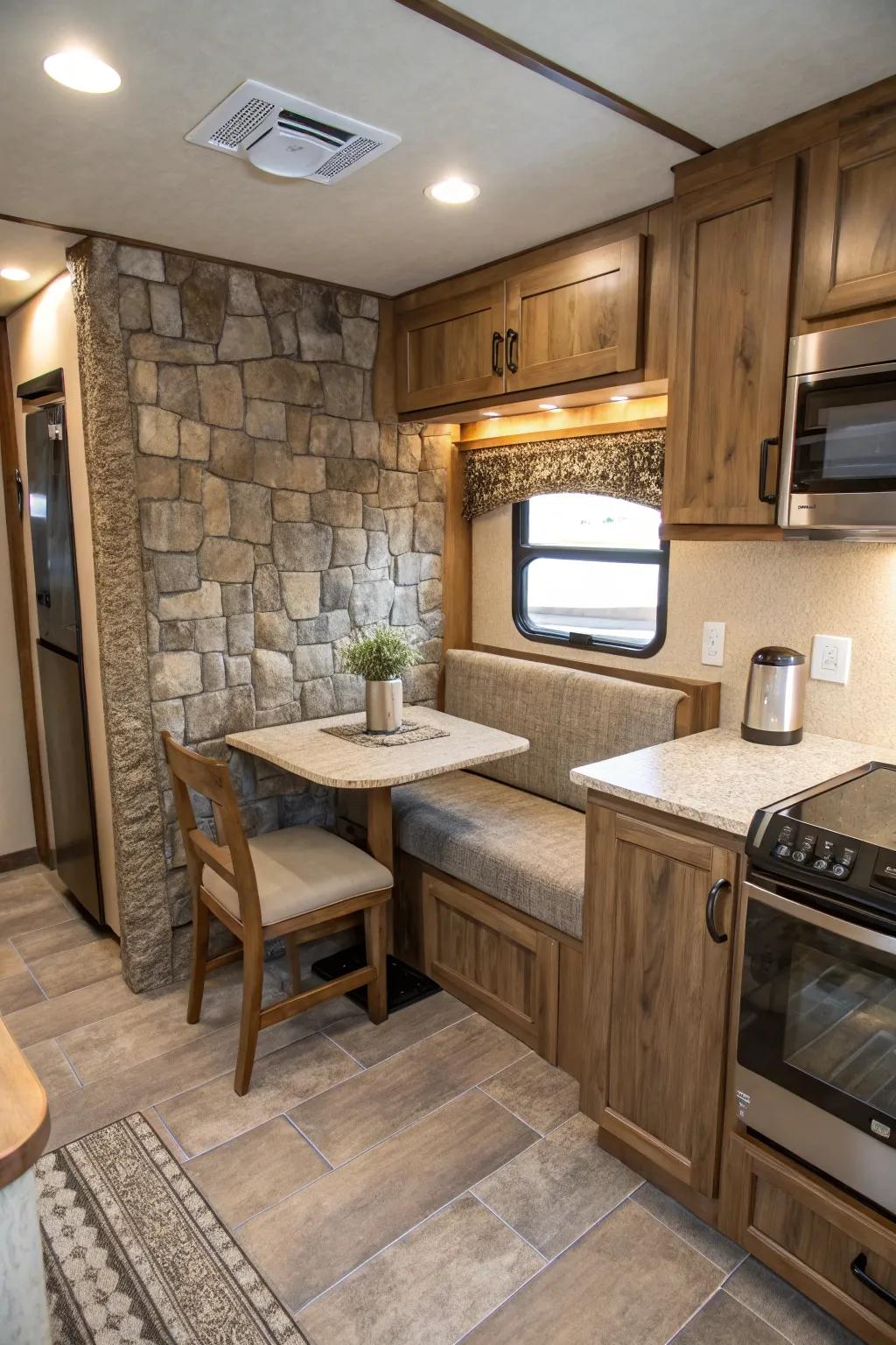 Earth-inspired designs create a calming atmosphere in your RV kitchen.