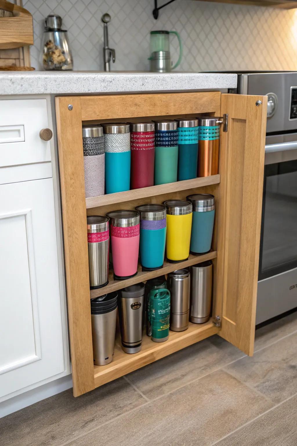 Magnetic strip utilized for organizing tumbler tops.