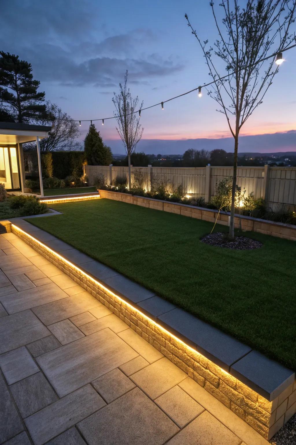 A synthetic lawn patio illuminated with LED lighting.