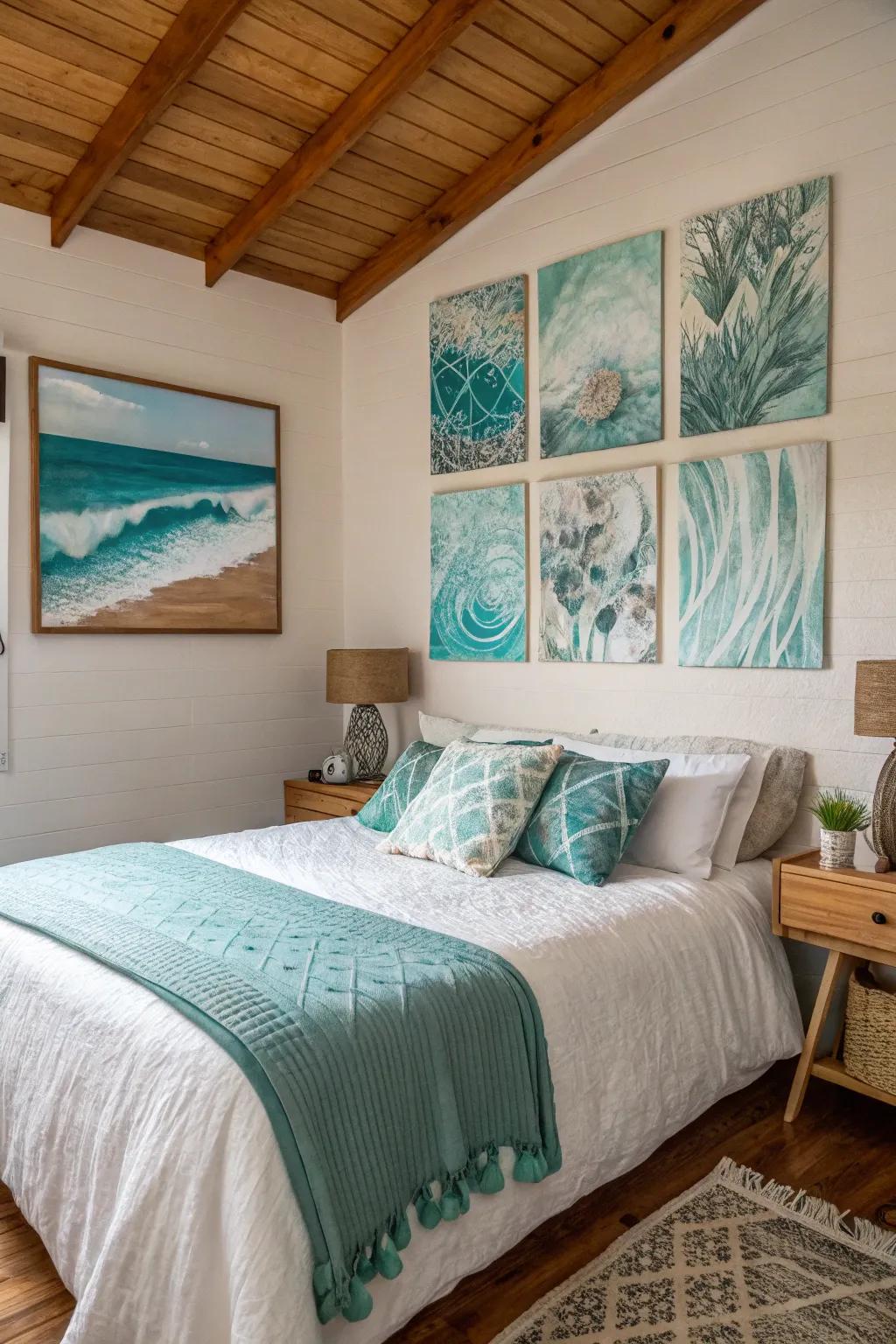 Art pieces in turquoise for added charm.