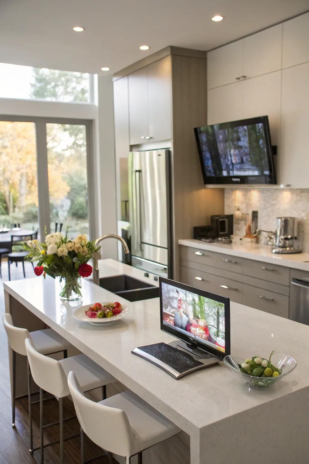 An elevating television in the cooking area, adding a modern and tech-savvy element.