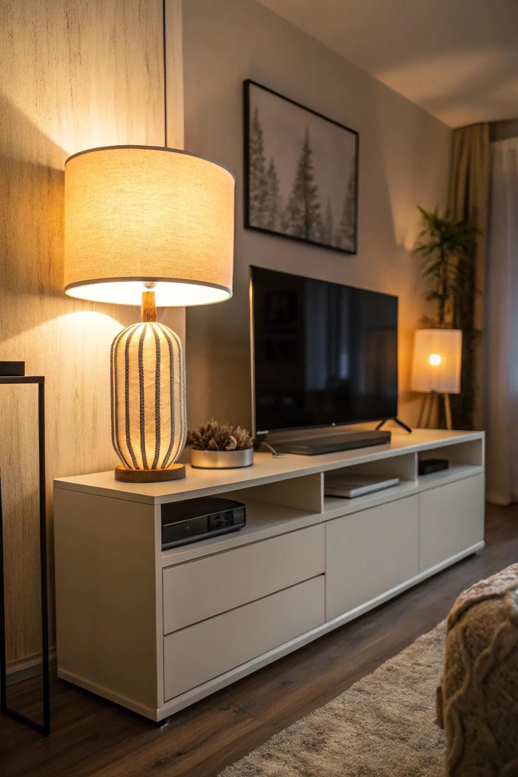 Soft lighting enhances the inviting warmth of your TV stand decor.