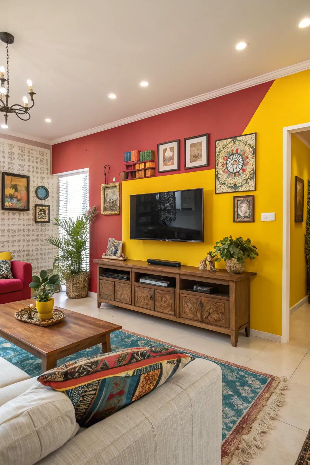 A bold color pop creates a striking focal point on this TV wall.