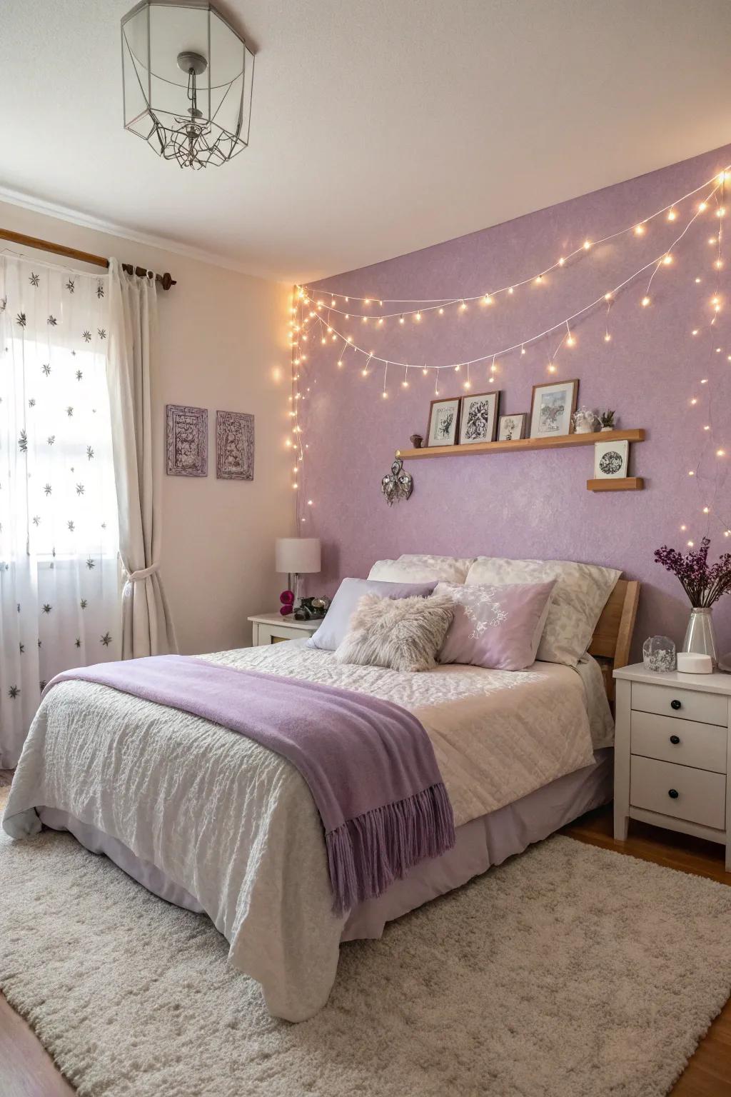 A dreamy bedroom featuring violet haze and soft white walls, crafting a peaceful sanctuary.