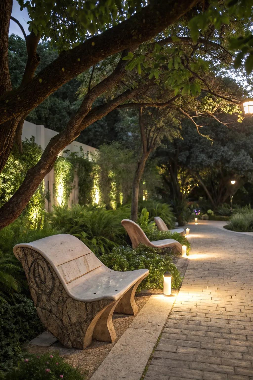 Creative benches infuse flair and function to the tree's shade.
