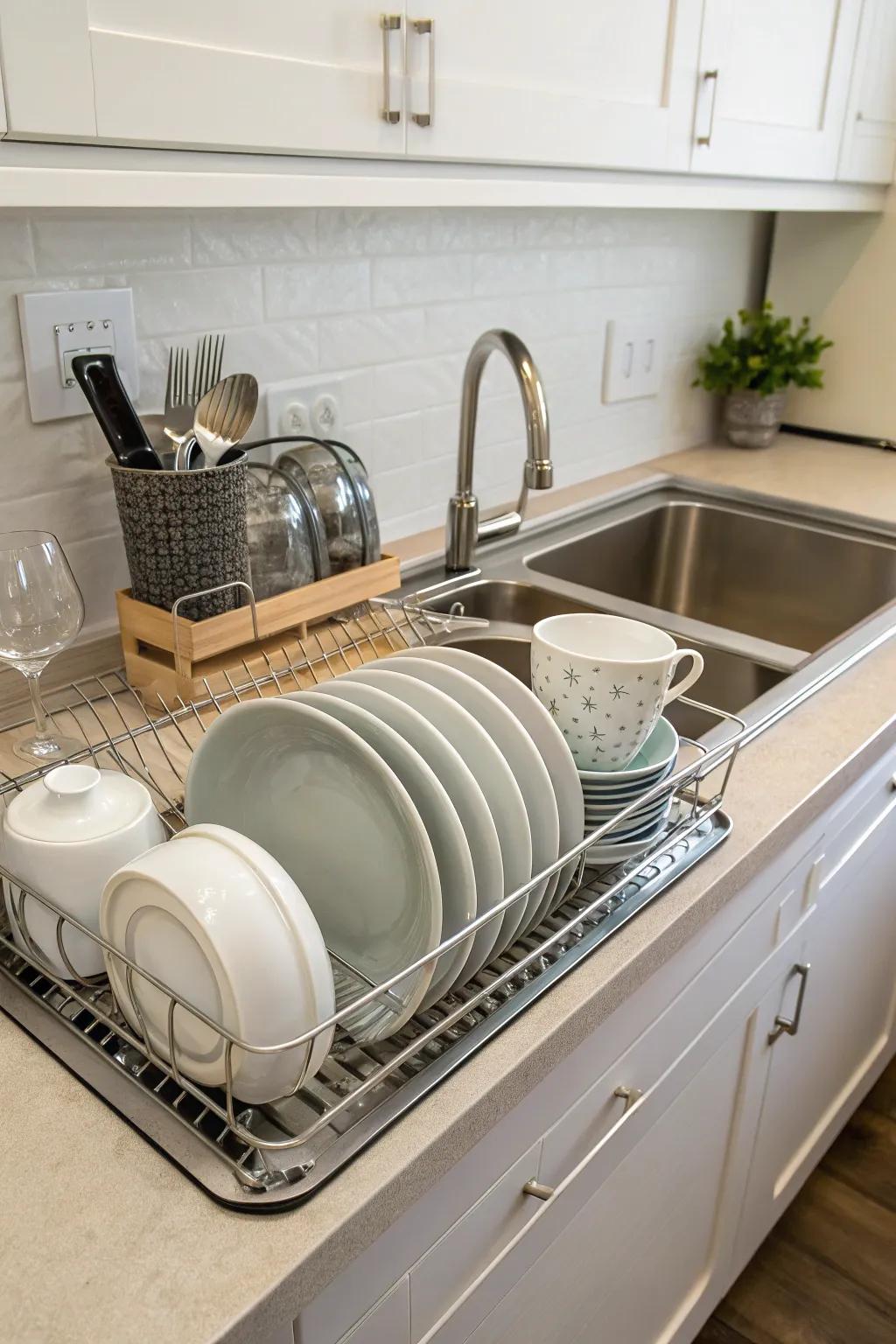 A drying rack positioned over an undermount sink, promoting a tidy kitchen space.