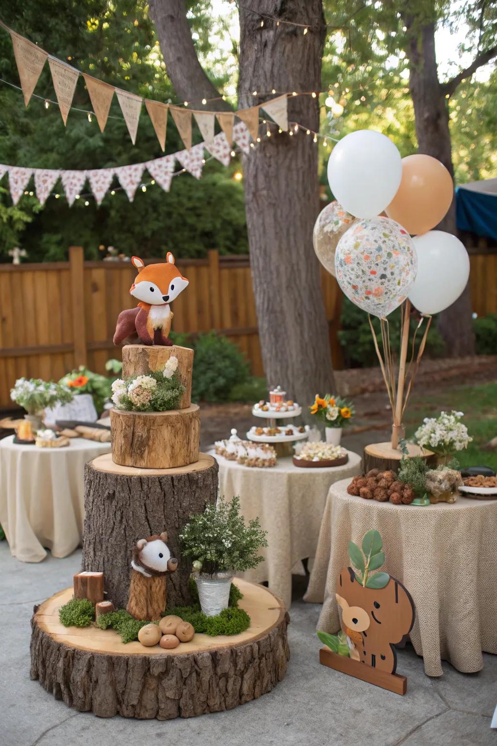A baby shower featuring a forest friends theme, filled with rustic charm.