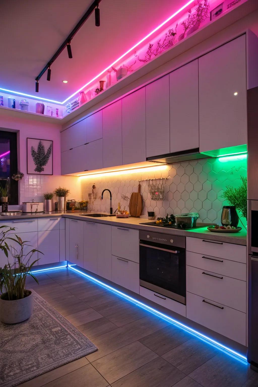 Artistic neon lights make a bold impression in the kitchen.
