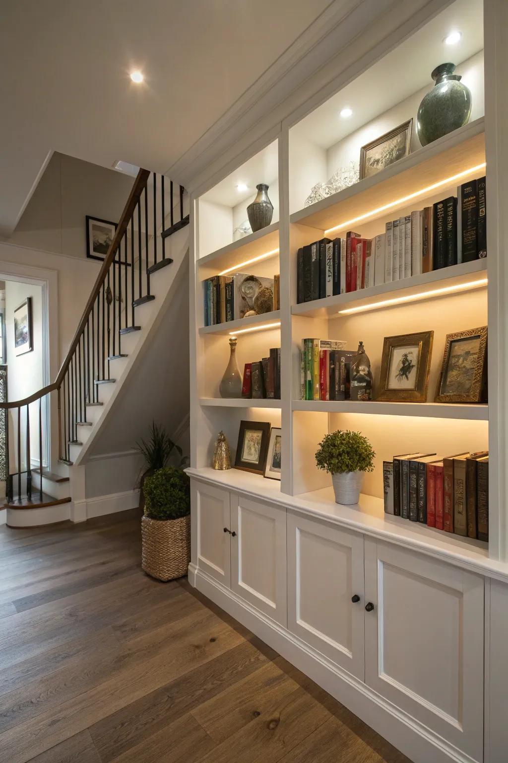 Built-in shelves on the upper hallway offer room and style.